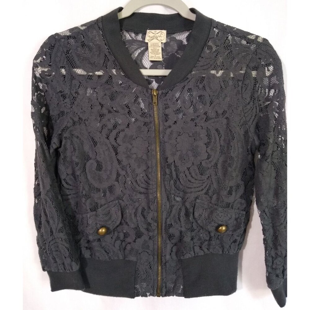 Eyelash Couture Lace Zipper Front Jacket size S Small Gray Bomber faux Pockets